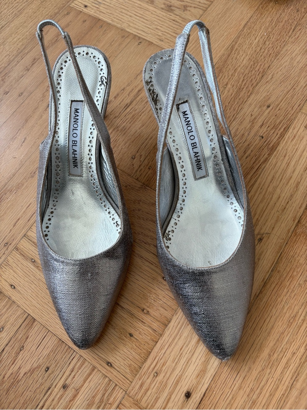 Manolo Blahnik Metallic Silver Pointed Slingback Mules